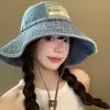 Sombrero de pescador de mezclilla desgastada que hace que la cara se vea más grande, lavado vintage, sombrero pequeño para el sol para mujer, sombrero de sol con ala de parche, estilo japonés
