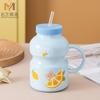 Taza de cerámica creativa de verano con forma de corazón para niña, con pajita y tapa, con forma de yogur, para agua