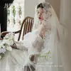 Velo de Encaje Retro Francés Largo con Cola Pintura al Óleo Fotografía de Boda Estilo de Maquillaje Tocado de Gama Alta