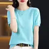 Camiseta de Manga Corta con Cuello Redondo, Tejido de Punto con Forma de Rombo de Algodón Peinado, Nuevo Estilo Primavera-Verano, Bloqueo de Color Sencillo, Top Elegante y con Estilo para Mujer