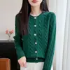Nuevo Cardigan de Punto Grueso con Cuello Redondo de Siete Puntos de Lana Pura para Otoño/Invierno 2026 Manga Larga para Mujer Suéter de Lana Retorcida
