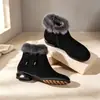 Botines cortos de invierno para mujer con forro polar, botas de algodón de cuero ante, tacón bajo, suela suave, elegantes botas con lazo ribeteado de pelo, zapatos de algodón para mujer