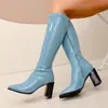 Botas de Salto Alto Acima do Joelho para Mulheres 2025 Verão Novas Versáteis Bico Quadrado Salto Grosso Botas Longas de Couro Envernizado Versáteis