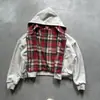 Moletom com Capuz Patchwork Xadrez Reversível Solto para Homem - Europeu e Americano 2026 Amazon Outono/Inverno Retrô Americano