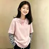 Camiseta de manga larga de algodón puro para niña, look de dos piezas para primavera y otoño, cuello redondo, camiseta básica elegante, top a rayas de moda versátil estilo coreano