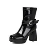 Botines de plataforma estilo europeo y americano de charol con hebillas metálicas, tacones gruesos, botines cortos de moda, talla grande transfronteriza, botas de tacón alto sexys para mujer
