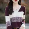 Moda Primavera y Otoño Transfronteriza Bloque de Color Cuello en V Algodón Puro Tejido Estilo Coreano Manga Larga Holgado Casual Suéter Top Elegante