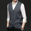 Chaleco Cardigan para Hombre de Negocios Jacquard Color Sólido Engrosado Crujiente Mezcla de Lana Estilo Occidental