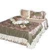 Juego de colcha de verano Tencel Retro francés de cuatro piezas Estilo Princesa Encaje Sedoso Fresco Colcha para aire acondicionado Falda de cama para niñas