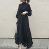 En Stock Coreano Otoño 2026 Nuevo Elegante Vestido de Cuello Alto con Volantes y Pliegues Falda Larga