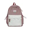 Mochila de viaje femenina con estampado de cuadros lecheros y lunares con ribete de encaje, mochila escolar estilo dulce japonés