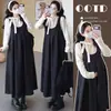 Conjunto de Maternidad Otoño Invierno Nuevo Lunares Capa Interior Overol Falda Mezcla de Lana Negra Estilo Coreano Plisado Línea A Cubre Vientre Adelgazante