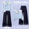 Conjunto versátil de dos piezas de mezclilla con diseño estilo coreano, top chic de manga larga de nicho para niños de tamaño mediano, para primavera y otoño