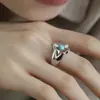 Anel Aberto Sharebox "Unique" Turquesa Incrustado Flor de Seis Pétalas Escovada Anel Pequeno de Flor para Mulheres Anel de Flor