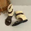 Sandálias Casuais de Camurça de Nicho para Mulheres, Moda Verão Botas Curtas Retro Francesas de Bico Aberto com Saltos Escondidos, Sandálias Romanas Estilo Coreano