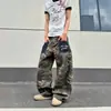 Jeans Camuflados Retro Americanos con Bolsillo de Parche Pierna Curva para Hombres y Mujeres Estilo Callejero Fresco Holgados Pierna Ancha Casual Pantalones Cargo