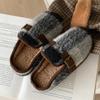 Zapatos de Invierno para Mujer de Felpa, Bloques de Color Creativos, Cuadros, Punta Cerrada, Cálidos, Suela Suave, Modernos, Versátiles, Retro, Casual, Pantuflas de Algodón