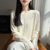 Cárdigan de punto hueco de otoño transfronterizo para mujer con cuello de encaje, nuevo cuello redondo, corte holgado, versátil, abrigo fino de lana de hilo fino