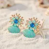 Pendientes de Estilo Vacacional Nuevo Océano Transfronterizos Europeos y Americanos con Forma de Estrella de Mar, Perlas, Goteo de Aceite y Tachuelas de Diamantes Pendientes Bohemios Exquisitos