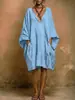 Vestido liso retrô boêmio europeu e americano para mulheres, corte solto, decote V profundo, mangas morcego, com bolsos, vestido de comprimento médio para férias