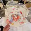 Camiseta de Manga Corta de Algodón Puro para Niñas Verano Nuevo Estilo Dulce y Linda Estampado de Gato Top de Encaje Ropa de Media Manga Transpirable