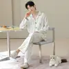 Algodão PuroPijama Masculino de Manga Longa com Gola Reversível, Conjunto de Pijama Listrado Outono para Jovens com Desenho Animado, Corte Amplo