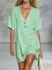 2026 Nuevo Vestido de Verano Holgado de Algodón y Lino con Mangas Cortas y Cuello en V, Moda Femenina Estilo Europeo y Americano Transfronterizo