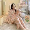 Pijamas de Algodón Seda de Estilo Nuevo para Mujer Cárdigan Conjunto de Dos Piezas Pijamas para Mujer Primavera Manga Larga Algodón Artificial Conjunto de Ropa de Casa para Mujer Primavera