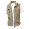 Primavera, Verão, Outono Masculino Casual Gola Alta Multi-bolsos Roupa de Trabalho Fotografia ao Ar Livre Colete de Pesca Jaqueta para Homens de Meia-idade