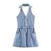 Vestido de Mezclilla con Cuello Halter, Espalda Descubierta, Cintura ceñida, Cuello de solapa, Bolsillos de un solo botón, Vestido de corte A adelgazante, Al por mayor en stock
