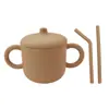 Taza de Silicona para Snacks Infantil Transfronteriza con Doble Asa, Asa, Popote Recto Curvo, Anticaídas, Suave, Taza de Agua Creativa, Taza con Popote