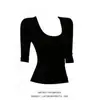 Camiseta Negra de Manga Corta con Cuello en U Personalizable de Verano para Mujer, Venta al por Mayor Transfronteriza, Top Favorecedor de Manga Media Ajustado con Mangas de Tres Cuartos