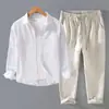 Novo terno de linho para homens de comércio exterior transfronteiriço: conjunto de duas peças de algodão e linho, tamanho grande, camisa de cor sólida + calça casual reta