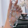 Cadena para teléfono móvil con perlas de cristal, hecha a mano, corta, con cuentas, para colgar en la muñeca, con colgante de corona de moda, cordón para teléfono móvil, llavero