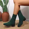 Botas femininas plus size transfronteiriças, botas de cano curto de malha elástica para outono e inverno, bico quadrado, salto médio, sem cadarço, cano justo ao tornozelo, versáteis e que afinam