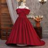 Novo Vestido de Princesa Infantil para Comércio Exterior Vestido de Daminha de Honra Cetim Vestido de Noite Saia Longa com Cauda Vestido Vinho para Meninas Roupa de Performance Atacado