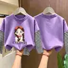Camiseta de algodão puro de manga longa para meninas, estilo primavera e outono, corte solto, blusa base estilo duas peças falsas, gola redonda estilosa para meninas