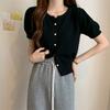 Suéter de Gola Redonda de Manga Curta de Botão Único para Mulheres Verão Novo Estilo Coreano Cardigan Slim Top para Mulheres Camiseta Chic de Nicho