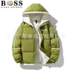 Jaqueta de Algodão Quente Masculina de Inverno Cor Sólida Estampada Manga Caída, Casaco de Algodão Confortável Larga Tendência Marca Casal com Capuz