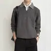 Suéter de invierno para hombre de imitación de dos piezas con cuello en V y cuello de solapa, top de punto estilo retro americano old money, chaqueta casual