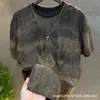 Camiseta Masculina de Manga Curta Pesada Americana Verão High-End Solta Tendência Marca Meia Manga Estampada Top de Algodão Retrô