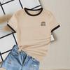 Camiseta Feminina Casual Slim de Manga Curta com Gola Redonda, Cor Contrastante e Estampa, Nova Coleção Verão 2025, Versátil