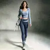 Conjunto de Yoga e Fitness Feminino de Manga Longa com Sutiã Embutido Gola Redonda Calça Esportiva Casual Anti-Exposição Conjunto de Duas Peças para Corrida