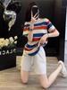 Conjunto Casual Esportivo Listrado 2025 Feminino Novo Estilo Verão Tamanho Grande Redutor de Idade Alto Manga Curta Shorts Conjunto de Duas Peças