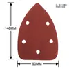 Papel de lija triangular rojo autoadhesivo de 90*140*140 mm con 5 agujeros, reverso flocado y terciopelo, ideal para pulir madera.