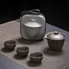 Juego de té portátil, juego de té Kung Fu, taza de arcilla púrpura para viajar, taza de servicio rápido, gaiwan de cerámica para exteriores, una tetera y tres tazas