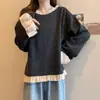 Tricô Roupas de Manga Longa com Babados Estilo Preguiçoso para Cobrir a Barriga para Mulheres na Primavera e Outono Tamanho Plus Size Gordura mm Solto e Chique Top com Gola Redonda