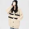 Suéter de Bloques de Color a Rayas Holgado Marca Guochao Unisex Otoño Invierno Estilo Perezoso Americano Cardigan de Punto con Cuello en V Ropa Exterior