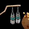 Pendientes Bohemios Azules de Turquesa Estilo Étnico Europeos y Americanos, Pendientes de Borla de Metal Plateado Imitación, Joyería de Borla Vintage para Orejas al por Mayor