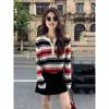 Cárdigan de Punto Rayado Rojo y Negro Estilo Retro Francés para Mujer, Principios de Otoño, Holgado, Hombros Caídos, Suave y Versátil, Top Exterior